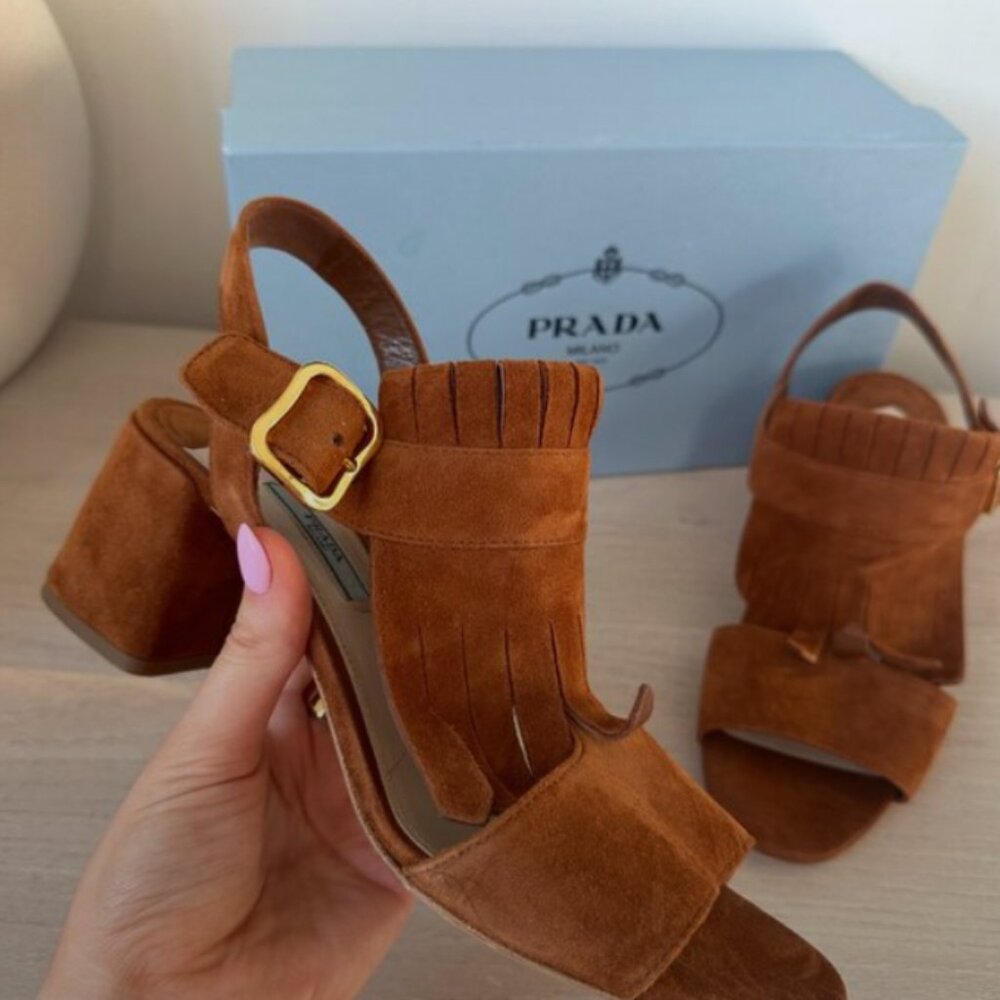 Prada Fringe Slingback Sandals Brown Suede Leather Chunky Block Heels Size 39